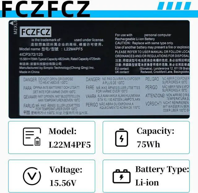 Alt view image 3 of 5 - L22M4PF5 Battery 75Wh Replacement for Lenovo Slim Pro 9-16IRP8 / Yoga Pro 9-16IRP8 / IdeaPad Pro 5-16IRH8 5-16APH8 5-16ARP8 Series 5B11N45339 5B11K24773 L22X4PF5 L22B4PF5 L22D4PF5 15.56V