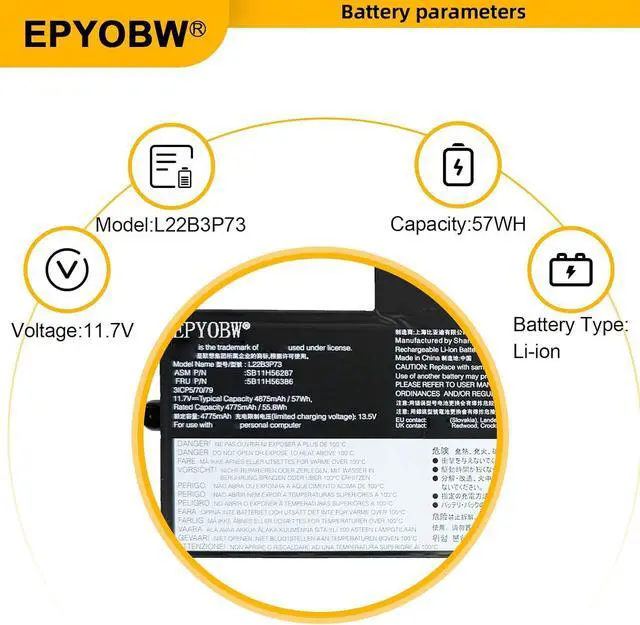Alt view image 4 of 7 - L22B3P73 Laptop Battery 57Wh 3-Cell L22C3P76 L22D3P77 L22M3P77