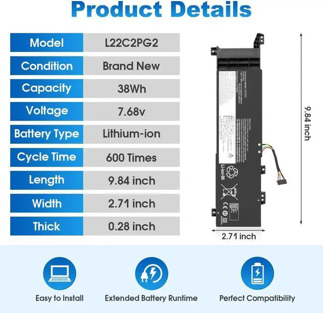 Alt view image 3 of 7 - 38Wh L22C2PG2 L22B2PG2 L22D2PG2 L22M2PG2 Laptop Battery Replacement for Lenovo V14 G4 AMN IAN / V15 G4 AMN IAN Series SB11K24751 5B11K24753 5B11K24752 SB11K24750 SB11K24749 5B11K24746 SB11N56337
