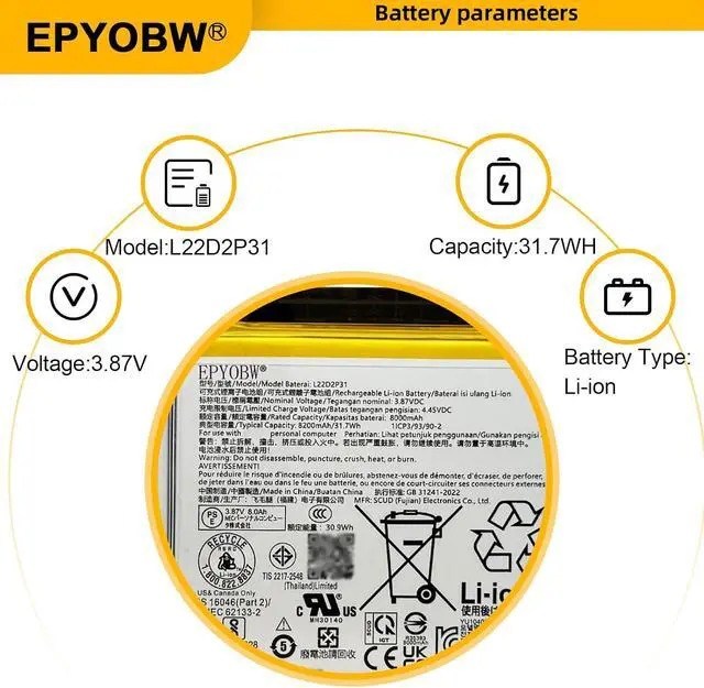 Alt view image 3 of 7 - L22D2P31 Tablet Battery 31.7Wh 8200mAh 3.87V