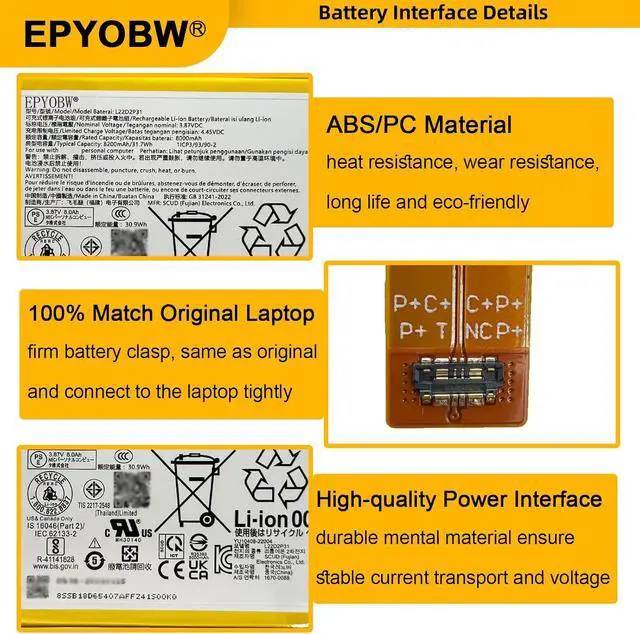 Alt view image 4 of 7 - L22D2P31 Tablet Battery 31.7Wh 8200mAh 3.87V