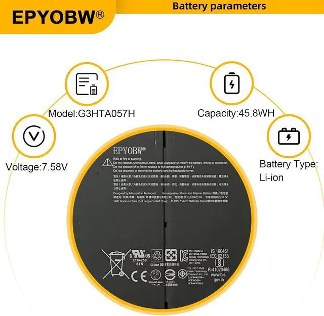 Alt view image 4 of 7 - G3HTA057H Laptop Battery 45.8Wh 6041mAh 6-Cell 7.58V Compatible with Microsoft Surface Laptop 3 Gen 15 inch Keyboard 1867/1868 / 1872/1873 / 13 Core i5-1035G7 Series G3HTA058H