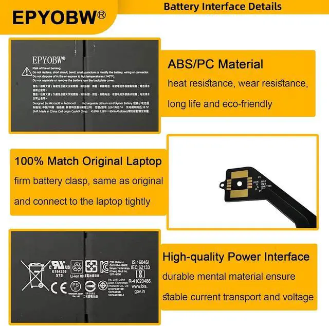 Alt view image 5 of 7 - G3HTA057H Laptop Battery 45.8Wh 6041mAh 6-Cell 7.58V Compatible with Microsoft Surface Laptop 3 Gen 15 inch Keyboard 1867/1868 / 1872/1873 / 13 Core i5-1035G7 Series G3HTA058H