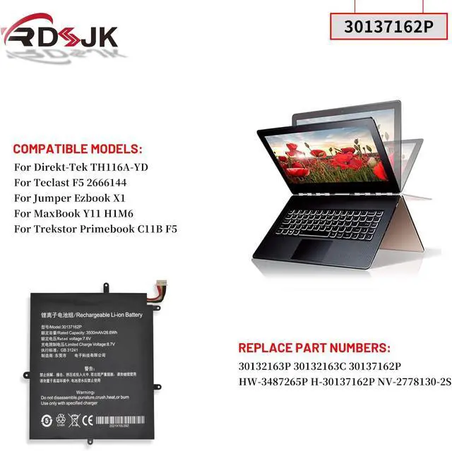 Alt view image 3 of 7 - 30132163P 30132163C 30137162P H-30137162P NV-2778130-2S Laptop Battery for Trekstor Primebook C11B F5 Direkt-Tek TH116A-YD Teclast F5 2666144 Jumper Ezbook X1 MaxBook Y11 H1M6 HW-3487265P (8-Lines)