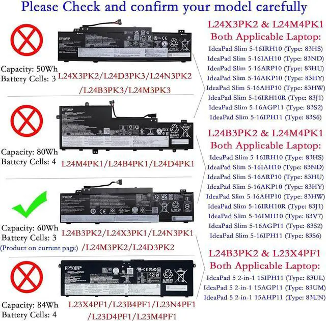 Alt view image 2 of 5 - L24B3PK2 Laptop Battery 60Wh 5306mAh 11.31V Compatible with Lenovo IdeaPad Slim 3 14IRH10 14IRH10R 15ARP10 15IRH10 / Slim 5 16IRH10 16IRH10R Series L24X3PK1 L24M3PK2 L24B3PK3 L24D3PK2 L24B3PK3