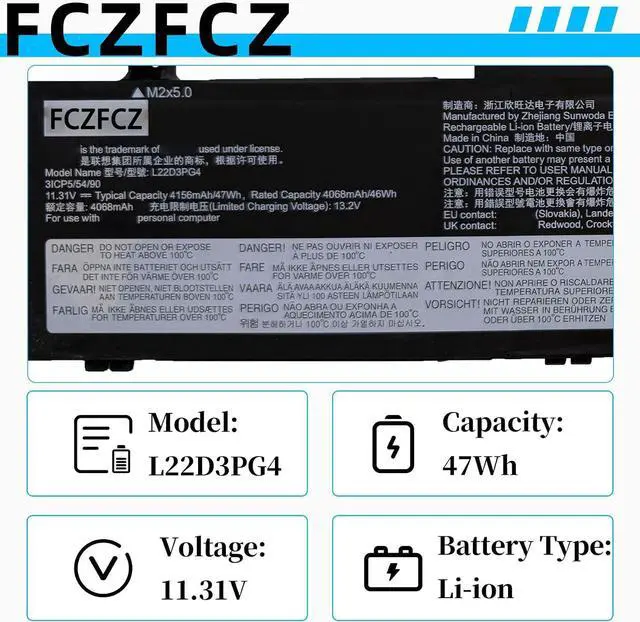 Alt view image 4 of 7 - L22D3PG4 Battery 47Wh Replacement for Lenovo ThinkPad E14 Gen 5 Gen 6 / E16 Gen 1 Gen 2 Series 5B11K63020 5B11N46005 L22B3PG4 L22D3PG4 L22M3PG4 L22L3PG5 L22B3PG5 L22D3PG5 L22M3PG5 11.31V 3-cell