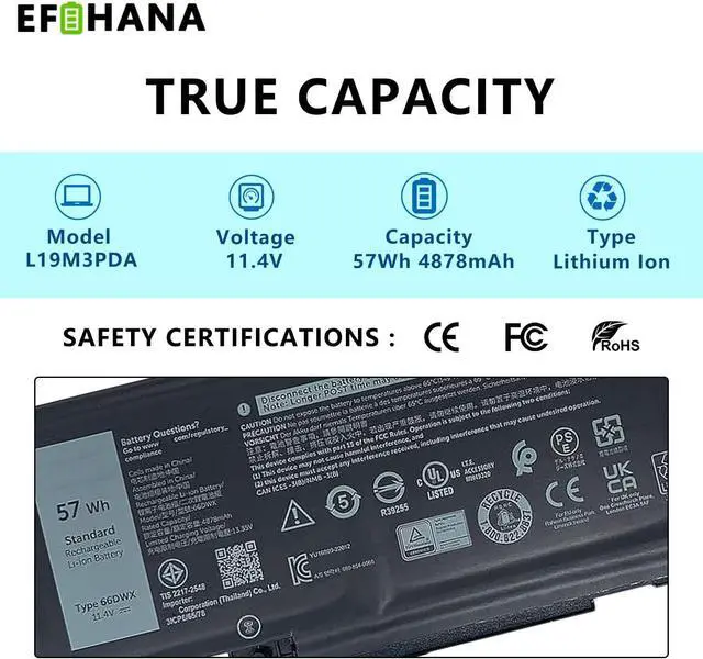Alt view image 2 of 6 - 66DWX Laptop Battery Replacement for Dell Latitude 7340 7350 7440 7450 7640 7650 Series 047T0 WW8N8 P176G001 P176G P126F001 P175G001 P175G P126F 11.4V 57Wh 4878mAh 3-Cell