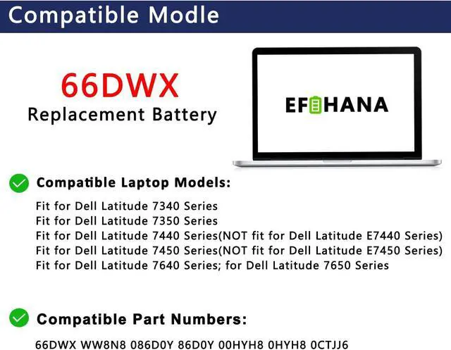 Alt view image 3 of 6 - 66DWX Laptop Battery Replacement for Dell Latitude 7340 7350 7440 7450 7640 7650 Series 047T0 WW8N8 P176G001 P176G P126F001 P175G001 P175G P126F 11.4V 57Wh 4878mAh 3-Cell