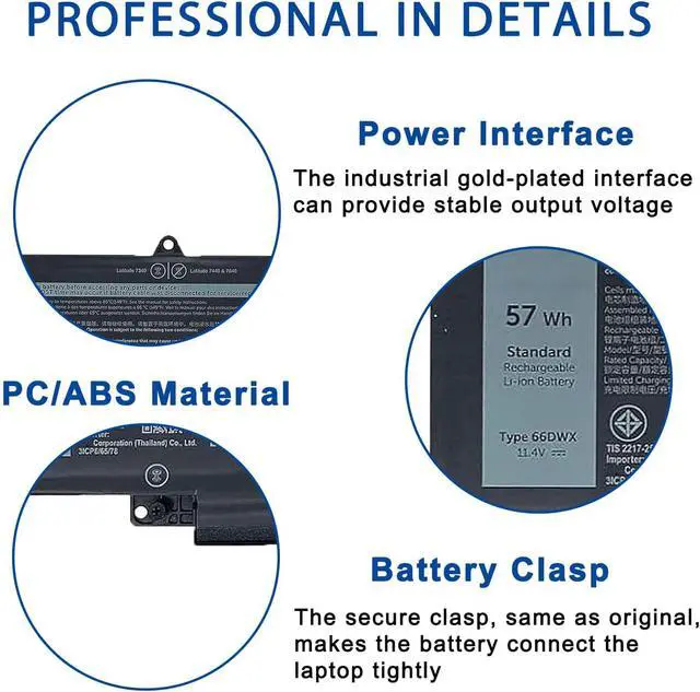 Alt view image 5 of 6 - 66DWX Laptop Battery Replacement for Dell Latitude 7340 7350 7440 7450 7640 7650 Series 047T0 WW8N8 P176G001 P176G P126F001 P175G001 P175G P126F 11.4V 57Wh 4878mAh 3-Cell