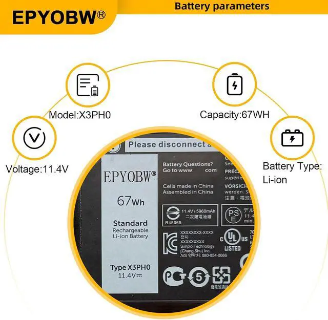 Alt view image 3 of 6 - X3PH0 Laptop Battery 67Wh 5960mAh 11.4V Compatible with Dell Chromebook 13 7310 Series 0X3PH0 X3PHO 92YR1 092YR1 MJFM6 0MJFM6
