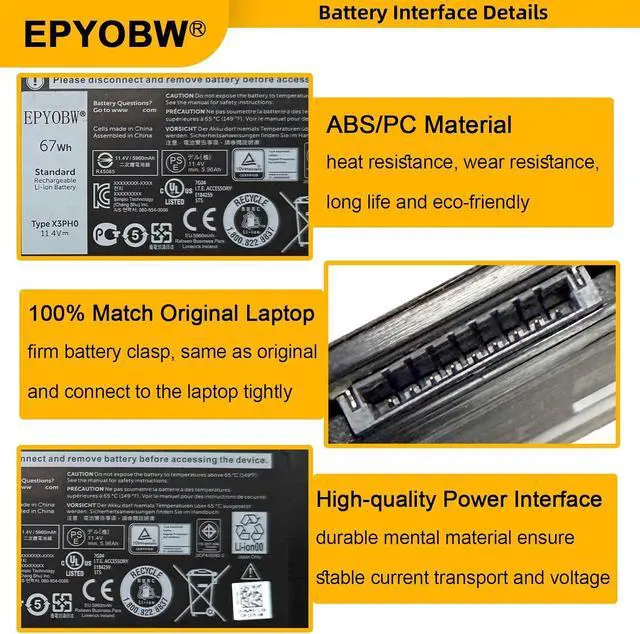 Alt view image 4 of 6 - X3PH0 Laptop Battery 67Wh 5960mAh 11.4V Compatible with Dell Chromebook 13 7310 Series 0X3PH0 X3PHO 92YR1 092YR1 MJFM6 0MJFM6