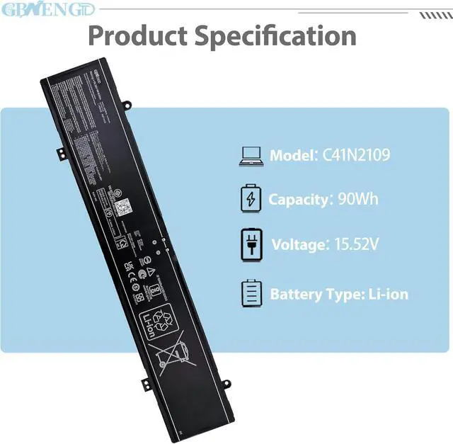Alt view image 2 of 7 - C41N2109 Laptop Battery Replacement for ASUS ROG Flow X16 GV601 Strix G16 G614J G18 G814 Scar 16 G634 18 G834 Zephyrus M16 GU604V NR2203RW Series 0B200-04200000
