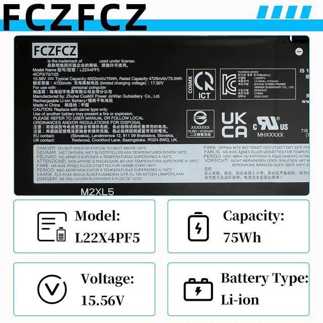 Alt view image 3 of 6 - L22X4PF5 Battery 75Wh Replacement for Lenovo Slim Pro 9-16IRP8 / IdeaPad Pro 5-16IRH8 5-16APH8 5-16ARP8 Series SB11N45319 SB11K24769 L22M4PF5 SB11N45313 L22D4PF5 L22B4PF5 15.56V
