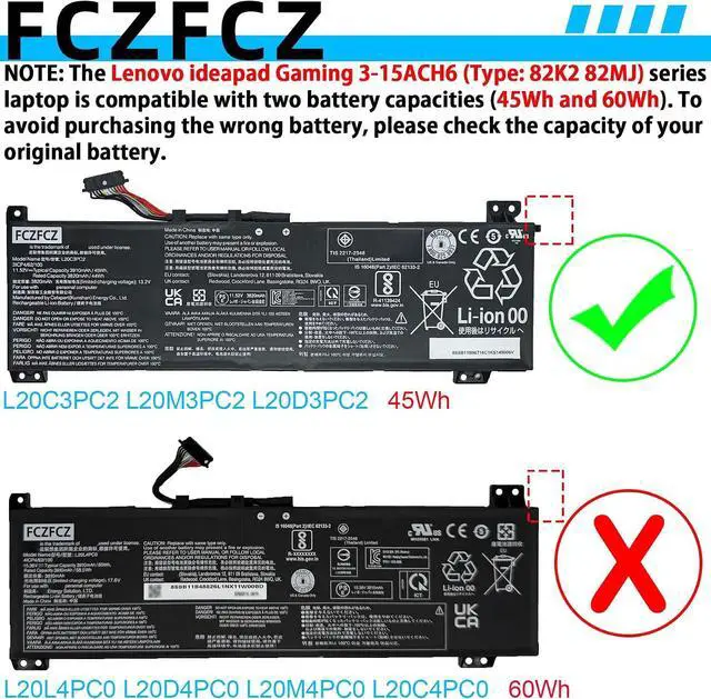 Alt view image 3 of 6 - L20C3PC2 Battery 45Wh 3910mAh Replacement for Lenovo ideapad Gaming 3-15ACH6 3-15IHU6 Series 5B11B96719 SB11B96716 L20M3PC2 5B11B96718 SB11B96717 L20D3PC2 5B11B96715 SB11B96720 11.52V 3-Cells