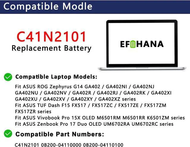 Alt view image 4 of 7 - C41N2101 0B200-04110000 0B200-04110100 Laptop Battery Replacement for ASUS ROG Zephyrus G14 GA402 GA402R Zenbook Pro 14 Duo UX8402ZA VivoBook Pro 15X K6501ZM TUF Dash F15 FX517 Series 15.48V 76Wh
