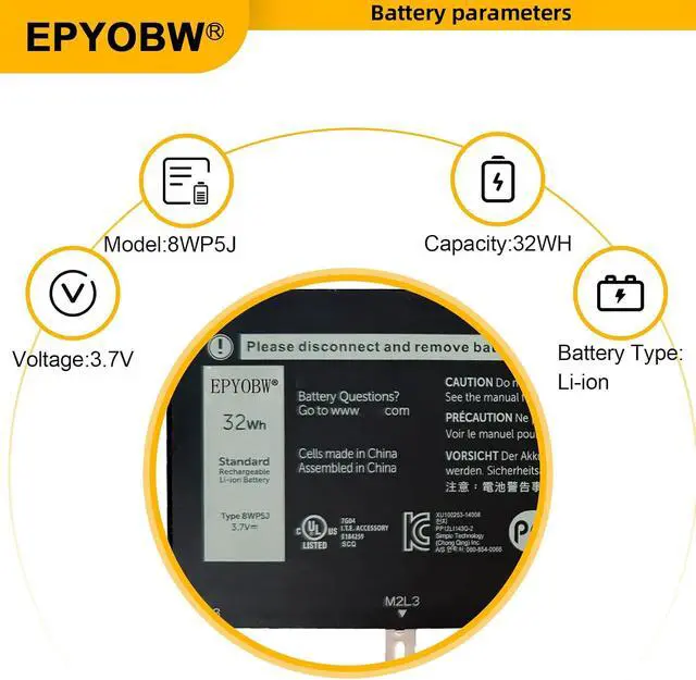 Alt view image 3 of 7 - 8WP5J Laptop Battery 32Wh 8210mAh 2-Cell 3.7V 08WP5J 69Y4H 069Y4H