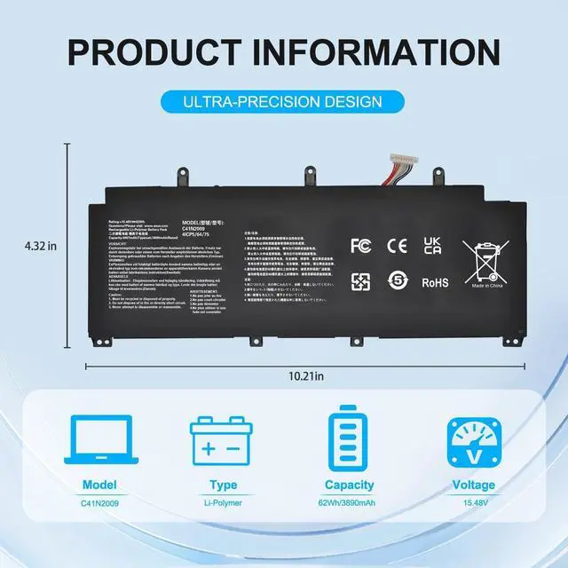 Alt view image 3 of 7 - 62Wh C41N2009 Laptop Battery Replacement for Asus ROG Flow X13 GV301 GV301QC GV301QE GV301QH GV301RA GV301RC GV301RE PV301 PV301QH GV301QC-K5020 GV301QH-K6069T GV301QE-K6022T PV301QH-K6210R