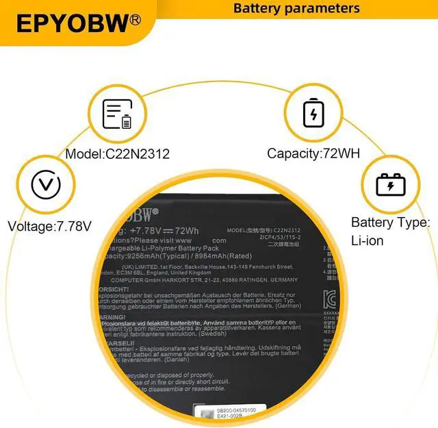 Alt view image 3 of 7 - C22N2312 Laptop Battery 72Wh 9256mAh 4-Cell 7.78V Compatible with Asus Zenbook S 14 UX5406 UX5406S UX5406SA Series 0B200-04570100 2ICP4/53/115-2