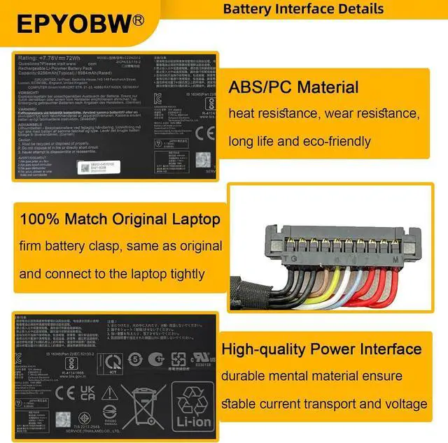 Alt view image 4 of 7 - C22N2312 Laptop Battery 72Wh 9256mAh 4-Cell 7.78V Compatible with Asus Zenbook S 14 UX5406 UX5406S UX5406SA Series 0B200-04570100 2ICP4/53/115-2