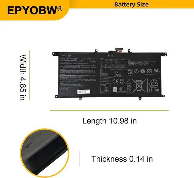 Alt view image 7 of 7 - C22N2312 Laptop Battery 72Wh 9256mAh 4-Cell 7.78V Compatible with Asus Zenbook S 14 UX5406 UX5406S UX5406SA Series 0B200-04570100 2ICP4/53/115-2