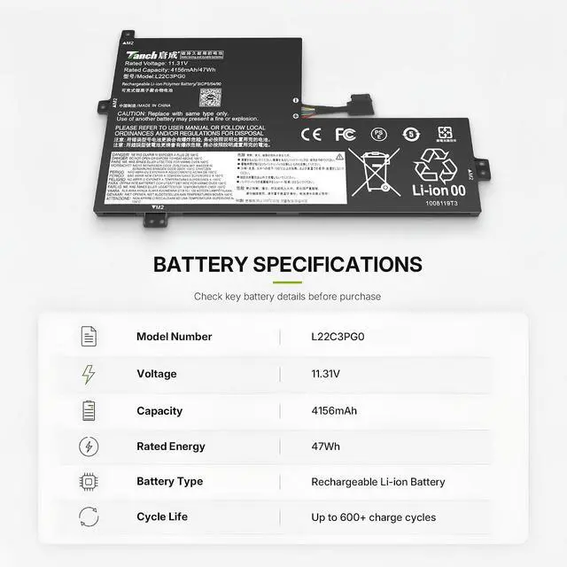 Alt view image 3 of 6 - Tanch L22C3PG0 Laptop Battery for Lenovo 100e/300e Chromebook Gen4 IdeaPad Flex 3 Chrome 12IAN8 Slim 3 Chrome 14M868,L22B3PGO L22D3PGO L22L3PGO L22M3PGO L22X3PGO