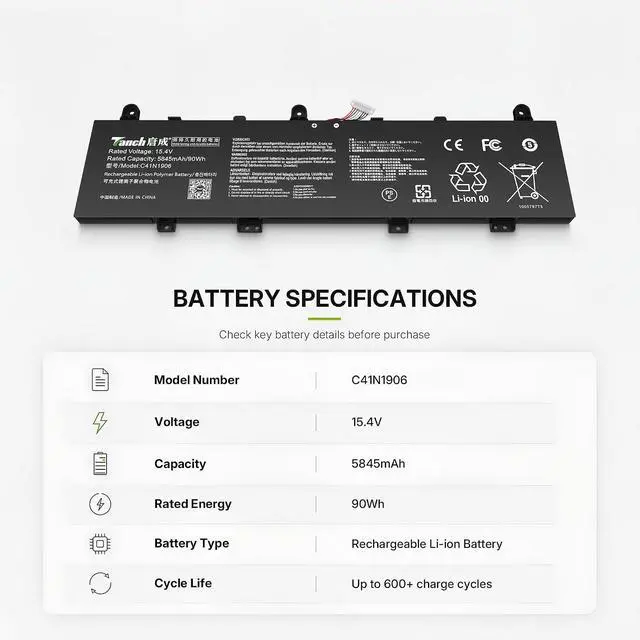 Alt view image 4 of 7 - Tanch C41N1906 Laptop Battery for Asus ROG Zephyrus Duo 15 GX550 SE(GX551) Series C41N1906-3