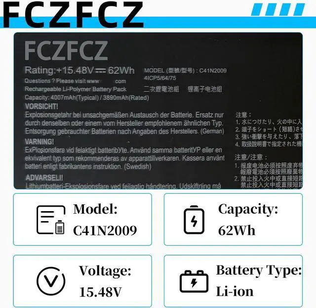 Alt view image 3 of 7 - C41N2009 Battery 62Wh 4007mAh 0B200-03850000 4ICP5/64/75 15.48V