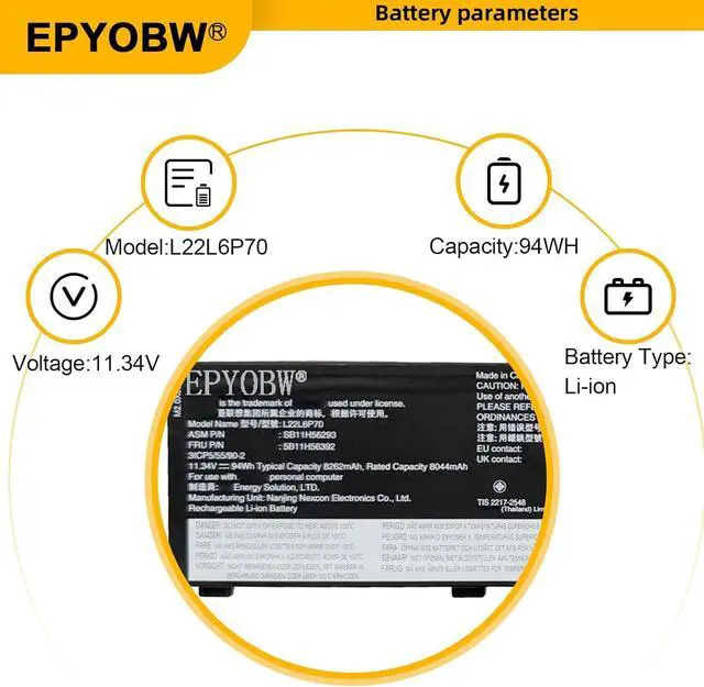 Alt view image 4 of 7 - L22L6P70 Laptop Battery 94Wh 8262mAh 6-Cell 11.34V Compatible with Lenovo ThinkPad P16 Gen 1 2 / ThinkPad P14s Gen 5 Series L21L6P70 L22M6P70 L21M6P70