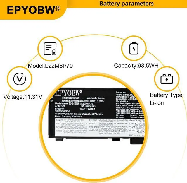 Alt view image 4 of 7 - L22M6P70 Laptop Battery 93.5Wh 8270mAh 6-Cell 11.31V Compatible with Lenovo ThinkPad P16 Gen 1 2 / ThinkPad P14s Gen 5 Series L21L6P70 L22L6P70 L21M6P70