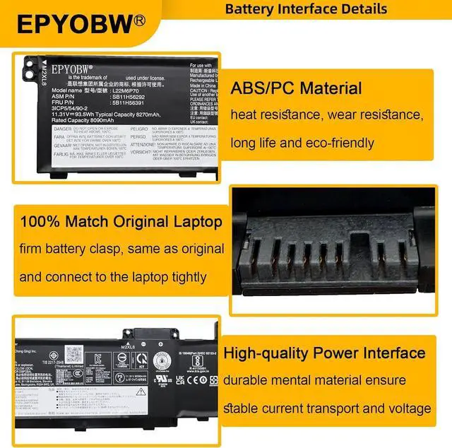 Alt view image 5 of 7 - L22M6P70 Laptop Battery 93.5Wh 8270mAh 6-Cell 11.31V Compatible with Lenovo ThinkPad P16 Gen 1 2 / ThinkPad P14s Gen 5 Series L21L6P70 L22L6P70 L21M6P70
