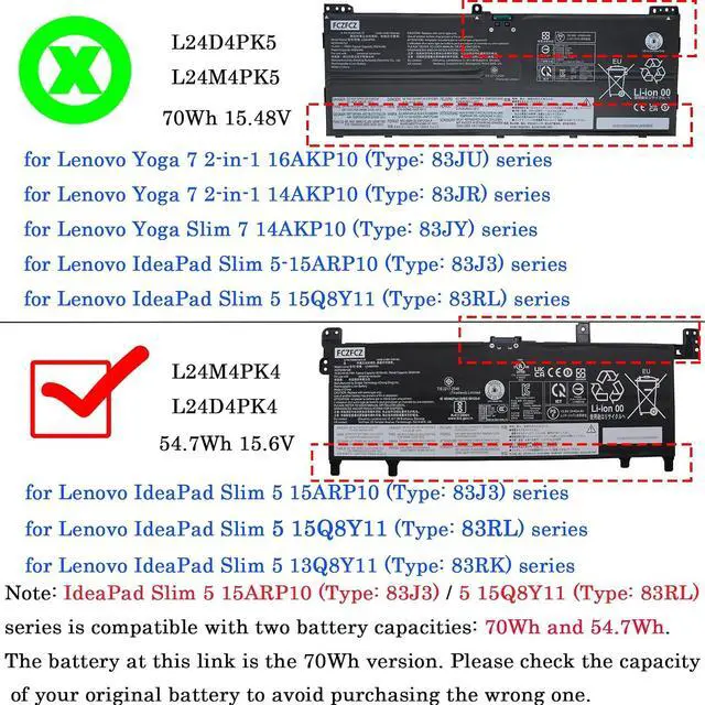 Alt view image 3 of 5 - L24M4PK4 Laptop Battery 54.7Wh 3510mAh Replacement for Lenovo IdeaPad Slim 5-15ARP10 5-13Q8Y11 5-13ARP10 5-15Q8Y11 Series 5B11Q01975 5B11T94735 L24D4PK4 5B11Q01970 5B11Q01968 15.6V 4-Cell