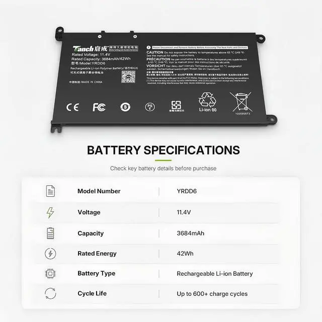 Alt view image 3 of 6 - Tanch YRDD6 42Wh Laptop Battery for Dell Inspiron 3501 5485 5488 5491 5493 5590 5591 5593 5598, Vostro 3491 5481, VM732 P93G P75F
