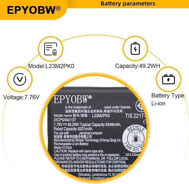 Alt view image 3 of 6 - L23M2PK0 Laptop Battery 49.2Wh 6348mAh 7.76V SB11M36297