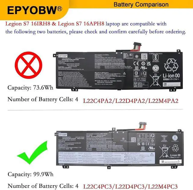 Alt view image 3 of 6 - L22C4PC3 Laptop Battery 99.9Wh 6421mAh 15.56V Compatible with Lenovo Legion S7 16IRH8 / Legion S7 16APH8 / Legion 9 16IRX8 / Legion 9 16IRX9 Series L22D4PC3 L22M4PC3