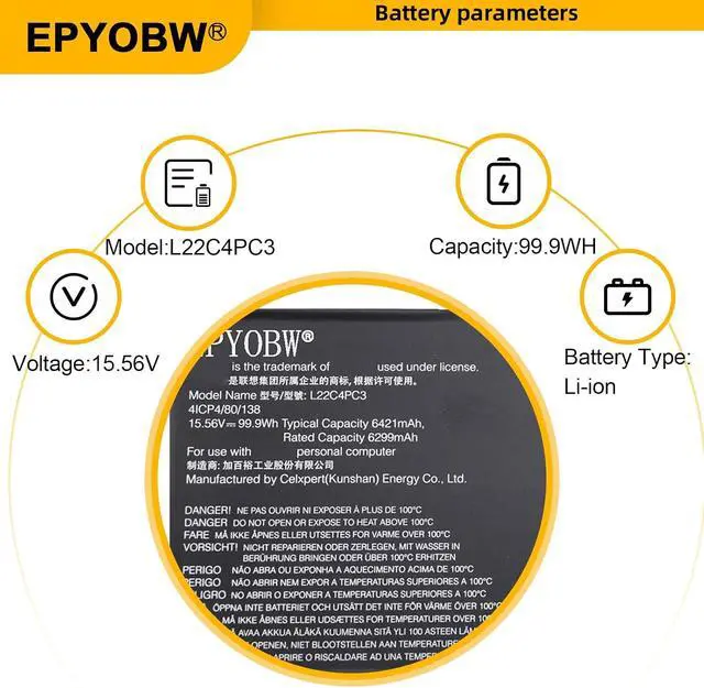 Alt view image 4 of 6 - L22C4PC3 Laptop Battery 99.9Wh 6421mAh 15.56V Compatible with Lenovo Legion S7 16IRH8 / Legion S7 16APH8 / Legion 9 16IRX8 / Legion 9 16IRX9 Series L22D4PC3 L22M4PC3