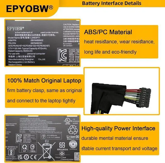 Alt view image 4 of 6 - L24B3P71 Laptop Battery 55.1Wh 4712mAh 11.7V Compatible with Lenovo ThinkPad X9-14 Gen 1 / ThinkPad X9 Aura Edition Series SB11M89902 5B11M90101 L24D3P72 SB11M89903 5B11M90102