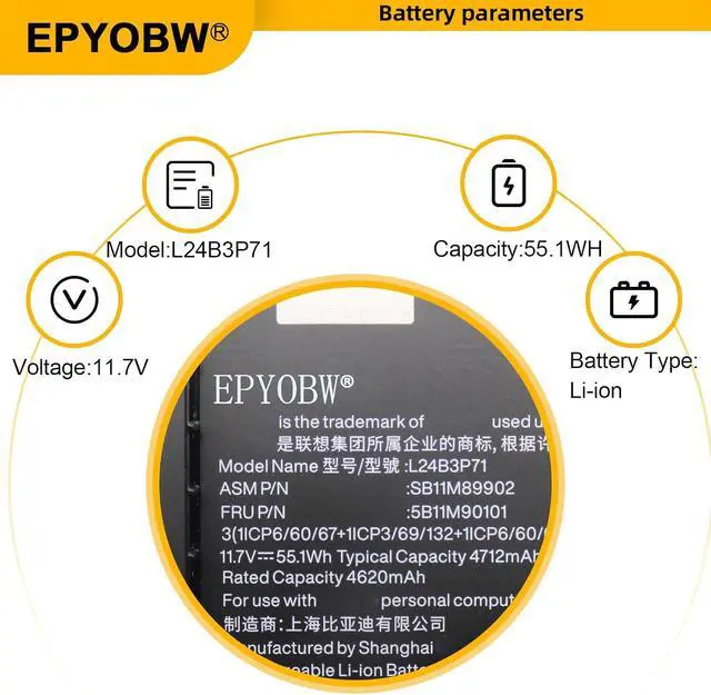 Alt view image 3 of 6 - L24B3P71 Laptop Battery 55.1Wh 4712mAh 11.7V Compatible with Lenovo ThinkPad X9-14 Gen 1 / ThinkPad X9 Aura Edition Series SB11M89902 5B11M90101 L24D3P72 SB11M89903 5B11M90102