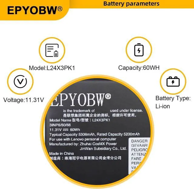 Alt view image 4 of 7 - L24X3PK1 Laptop Battery 60Wh 5306mAh 11.31V Compatible with Lenovo IdeaPad Slim3-14IRH10 3-14AHP10 3-14IRH10R 3-15ARP10 3-15IRH10 3-15IRH10R Series 5B11Q01995 L24N3PK1 L24B3PK2 L24M3PK2