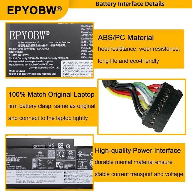 Alt view image 5 of 7 - L24X3PK1 Laptop Battery 60Wh 5306mAh 11.31V Compatible with Lenovo IdeaPad Slim3-14IRH10 3-14AHP10 3-14IRH10R 3-15ARP10 3-15IRH10 3-15IRH10R Series 5B11Q01995 L24N3PK1 L24B3PK2 L24M3PK2