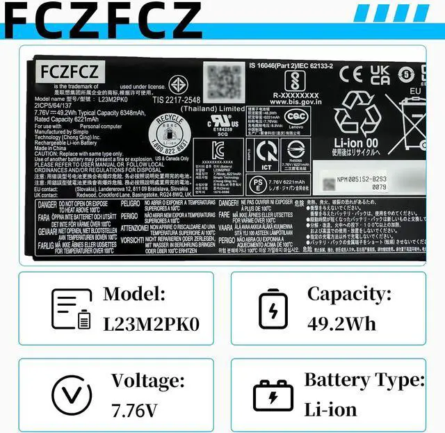 Alt view image 3 of 6 - L23M2PK0 Battery 49.2Wh 6348mAh Replacement for Lenovo Legion Go 8APU1 83E1 Series SB11M36297 5B11M36298 L23B2PK0 SB11M36299 5B11M36296 7.76V 2-Cell