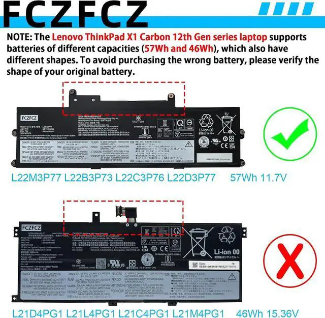Alt view image 3 of 6 - L22M3P77 Laptop Battery Replacement for Lenovo ThinkPad X1 2 in 1 Gen 9 21KE 21KF ThinkPad X1 Carbon 12th Gen 21KC 21KD Series L22C3P76 L22D3P77 L22B3P73 11.7V 57Wh 4875mAh 3-Cell