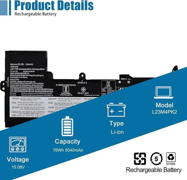 Alt view image 3 of 7 - L23M4PK2 Laptop Battery Replacement for Lenovo IdeaPad Slim 5 16ABR8 (Type: 82XG) 16IAH8 (Type: 83BG) 16IRL8 (Type: 82XF) Series L22C4PA5 L22D4PA5 15.08V 76Wh 5040mAh
