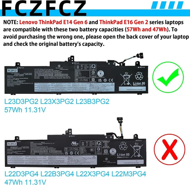 Alt view image 3 of 6 - L23D3PG2 Battery 57Wh 5040mAh Replacement for Lenovo ThinkPad E14 Gen 6 / E16 Gen 2 Series SB11M75266 5B11M75267 SB11M75268 5B11M75269 L23X3PG2 L23B3PG2 3ICP6/54/90 11.31V 3-Cell
