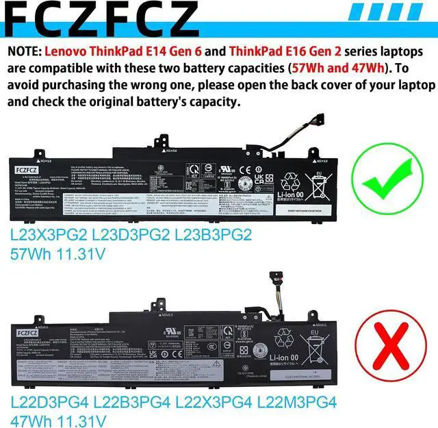 Alt view image 3 of 6 - L23X3PG2 Battery 57Wh 5040mAh Replacement for Lenovo ThinkPad E14 Gen 6 Type 21M3 21M4 21M7 21M8 E16 Gen 2 Type 21MA Series SB11M75268 5B11M75269 L23B3PG2 L23D3PG2 3ICP6/54/90 11.31V 3-Cell