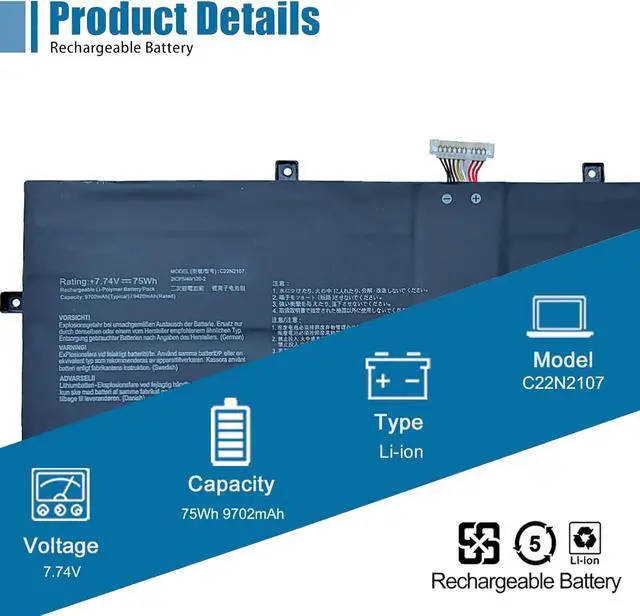 Alt view image 2 of 6 - C22N2107 Laptop Battery Replacement for Asus ZenBook 14 BX3402ZA BX3402VA UM3402YA UM3402YAR UX3402ZA Series 7.74V 75Wh 9702mAh