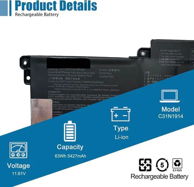 Alt view image 2 of 6 - C31N1914 Laptop Battery Replacement for Asus ZenBook 13 UX425UG ZenBook 14 UX435EA UX435EAL UX435EG UX435EGL UM425QA UM425QA-KI072T UM425UAZ Series 0B200-03730100 11.61V 63Wh 5427mAh