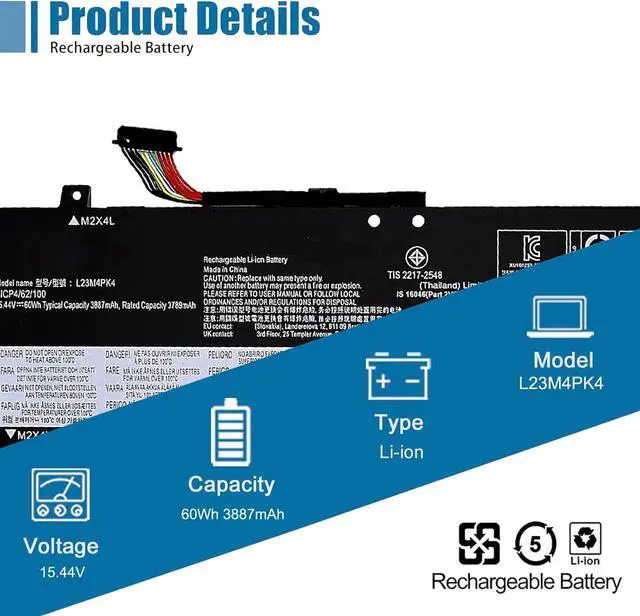 Alt view image 2 of 6 - L23M4PK4 Laptop Battery Replacement for LOQ 15IAX9I 15IAX9 15IRX9 15AHP9 15ARP9 Legion 5 15IRX10 15IAX10 15AKP10 15AHP10 Series L23D4PK4 SB11M64616 5B11M64610 L23B4PK4 15.44V 60Wh 3887mAh