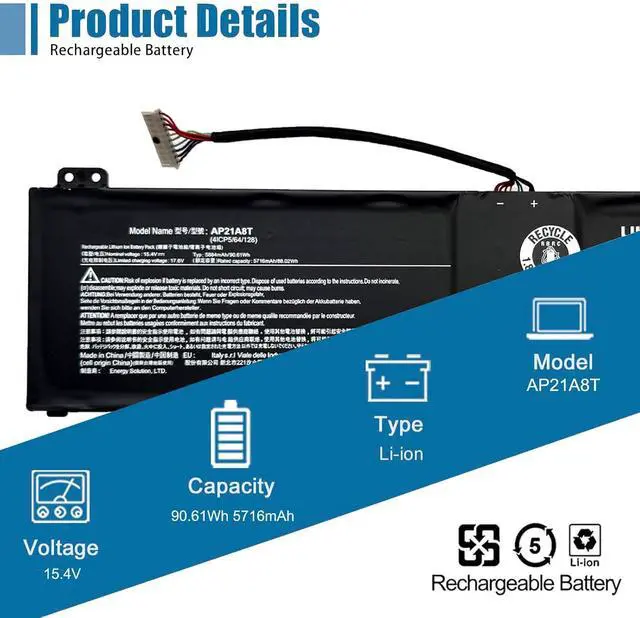 Alt view image 2 of 6 - AP21A8T Laptop Battery Replacement for Acer Predator Helios 300 PH317-56-78LY PH317-56-78SM PH315-55-78L7 PH315-55-796N Nitro 5 AN517-55-78KU/713K Series AP21A7T AP21A5T 15.4V 90.61Wh 5716mAh