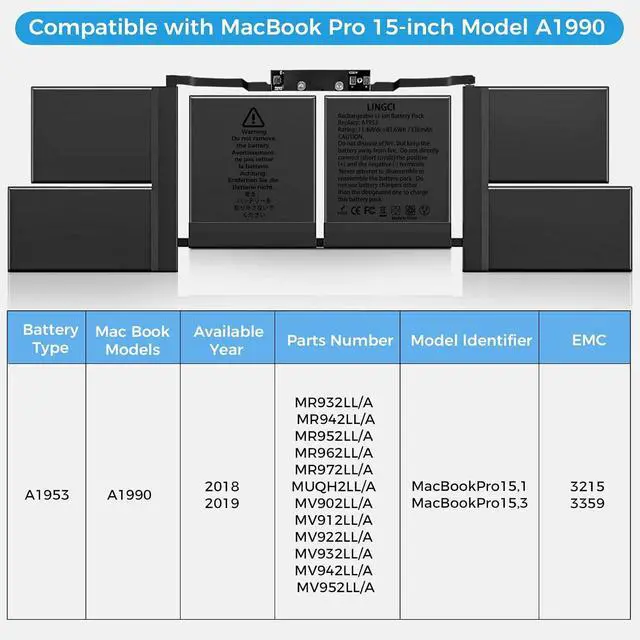 Alt view image 3 of 7 - A1990 Battery, A1953 Battery Replacement for MacBook Pro 15 Inch A1990 (Mid 2018 2019) (EMC 3215 3359)(Upgraded High Performance 7336mAh 83.6Wh 11.40V Li-Polymer)