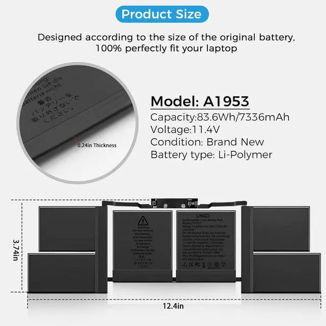 Alt view image 5 of 7 - A1990 Battery, A1953 Battery Replacement for MacBook Pro 15 Inch A1990 (Mid 2018 2019) (EMC 3215 3359)(Upgraded High Performance 7336mAh 83.6Wh 11.40V Li-Polymer)